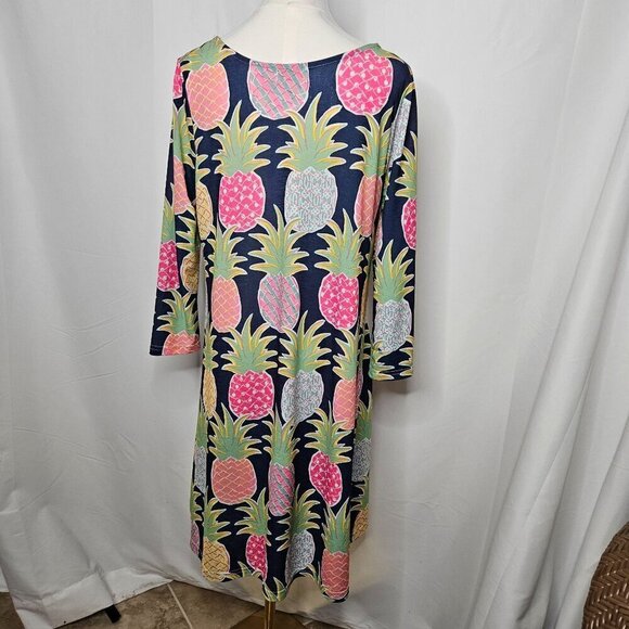 Simply Southern Small Pineapple Dress Navy Stretch Knit Sharkbite Hem Tropical - Picture 3 of 8